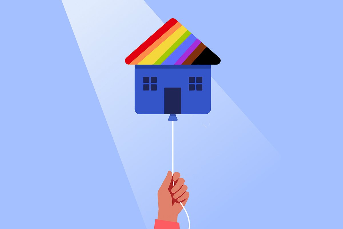 An illustration of a person’s hand holding a balloon in the shape of a home, with a rainbow striped roof.