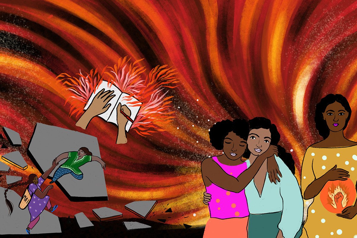 An illustration of girls embracing, while another holds a pregnant belly, where a fist is raised in solidarity. In the corner of the image a girl helps another to escape onto a platform that is breaking apart.