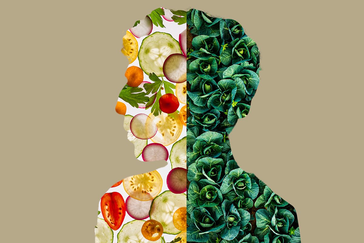 A cutout of a man’s silhoutte turned the the left, filled with thinly sliced vegetables and a field of leafy greens.