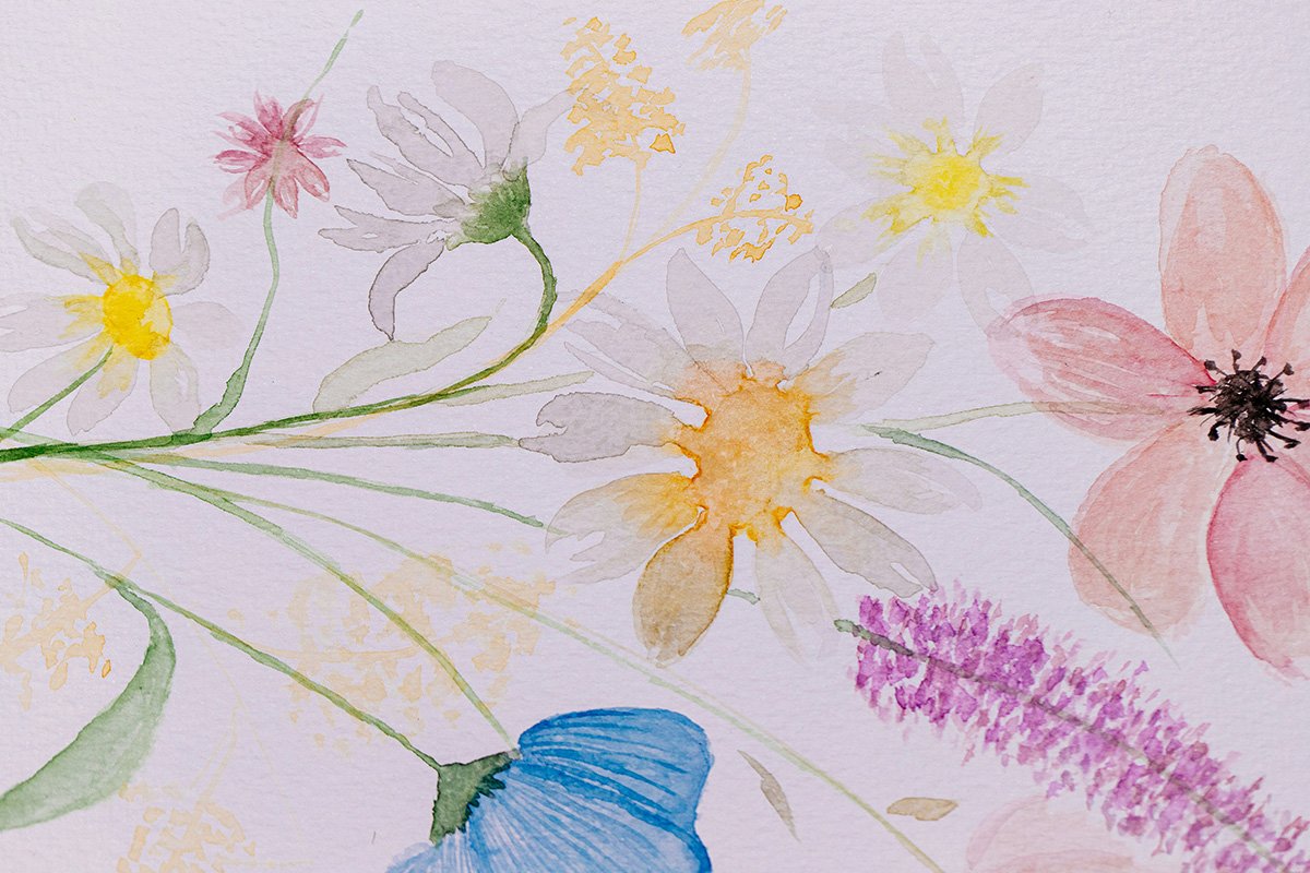 A whimsical watercolor painting of a flower arrangement.