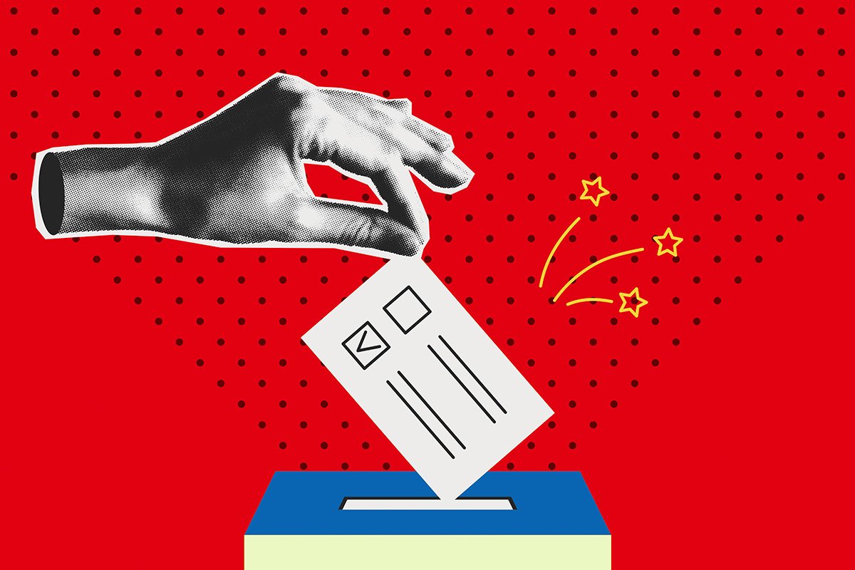 A hand holding a ballot overlayed with a red background
