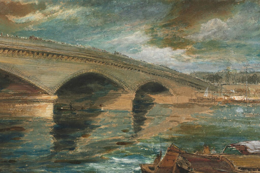 A watercolor painting of London bridge stretching across the River Thames, connecting two land masses.