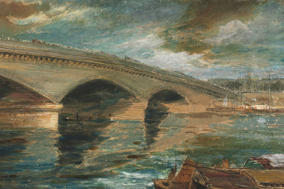 A watercolor painting of London bridge stretching across the River Thames, connecting two land masses.