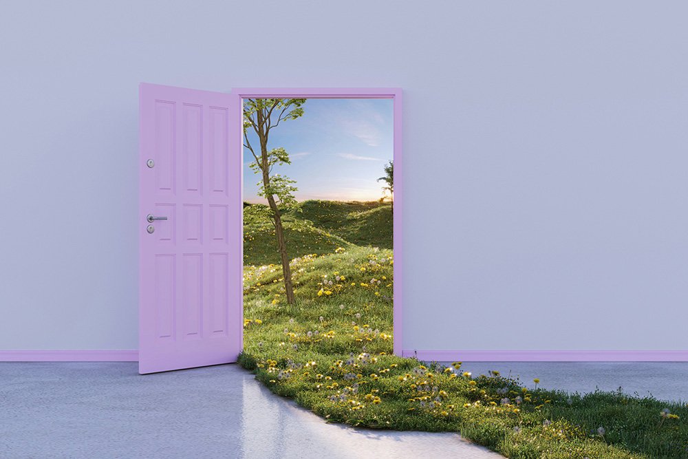 A purple door in an empty purple room leading out to a field of purple and yellow flowers. The field grass spills into the empty room through the door.