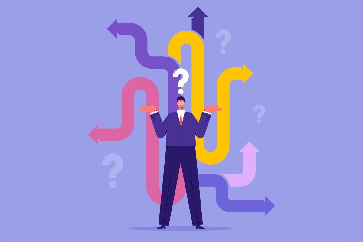 An illustration of a man in a suit holding his arms up in a questioning manner. Behind him are paths of arrows weaving around each other.