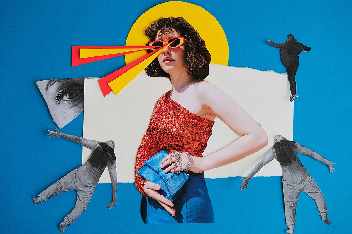 A collage of a woman with curly hair wears a sparkly red sequin shirt and holds a pursue in her hands. She looks into the camera as paper beams pour form her eyes.