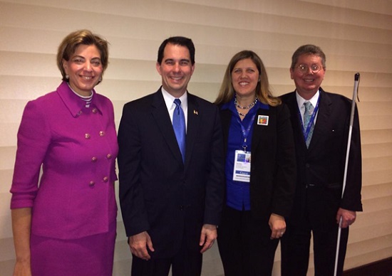 Jennifer Laszlo Mizrahi, Gov. Scott Walker, Lisa Derx (VP, Best Buddies), and John Paré (ED for Advocacy and Policy, National Federation for the Blind) meet to discuss jobs for people with disabilities. 